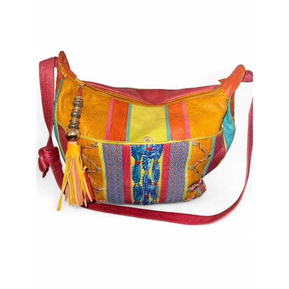 Vintage Sharif 80s 90s Multicolor Patchwork Leather Shoulder Bag Made in USA